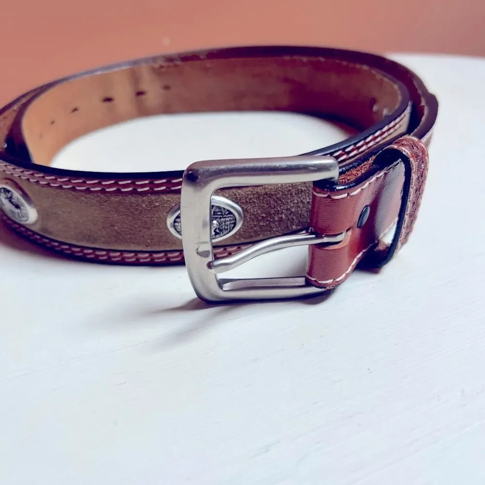 Men’s Leather & Suede Size 42 Handtooled Belt Silver Buck Medallion Accents